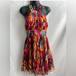 Adrianna Papell Evening Retro Multicolor Halter Cocktail Dress Chiffon 6 Sequins